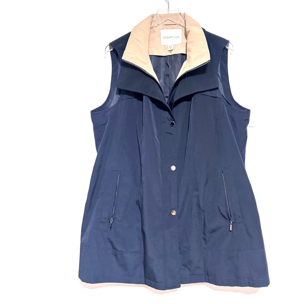 Coldwater Creek Women's Navy Blue Water Repellent Tunic Vest with Tan Collar